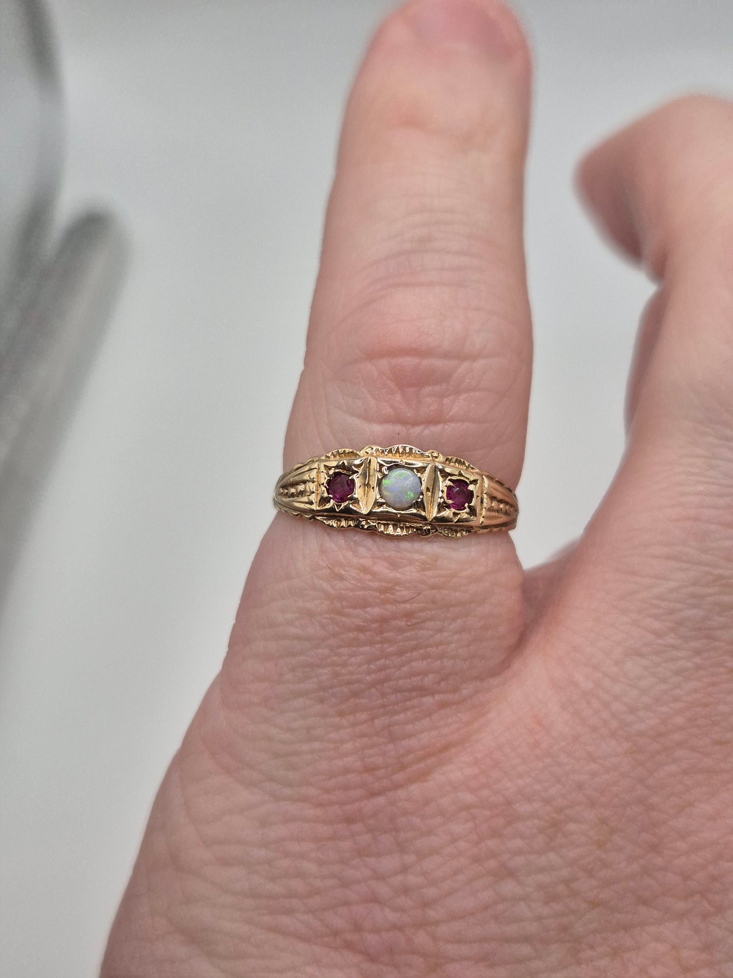 9ct gold opal and ruby gypsy ring