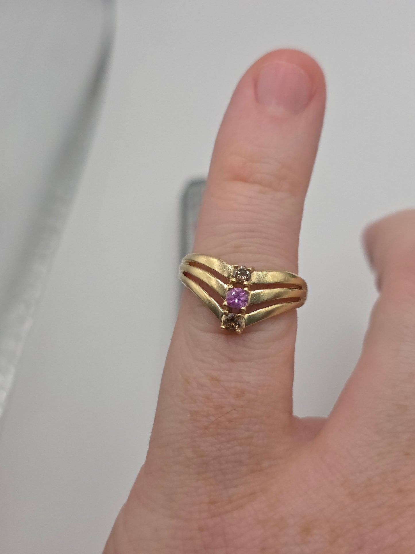9ct gold pink topaz and cognac diamond wishbone ring