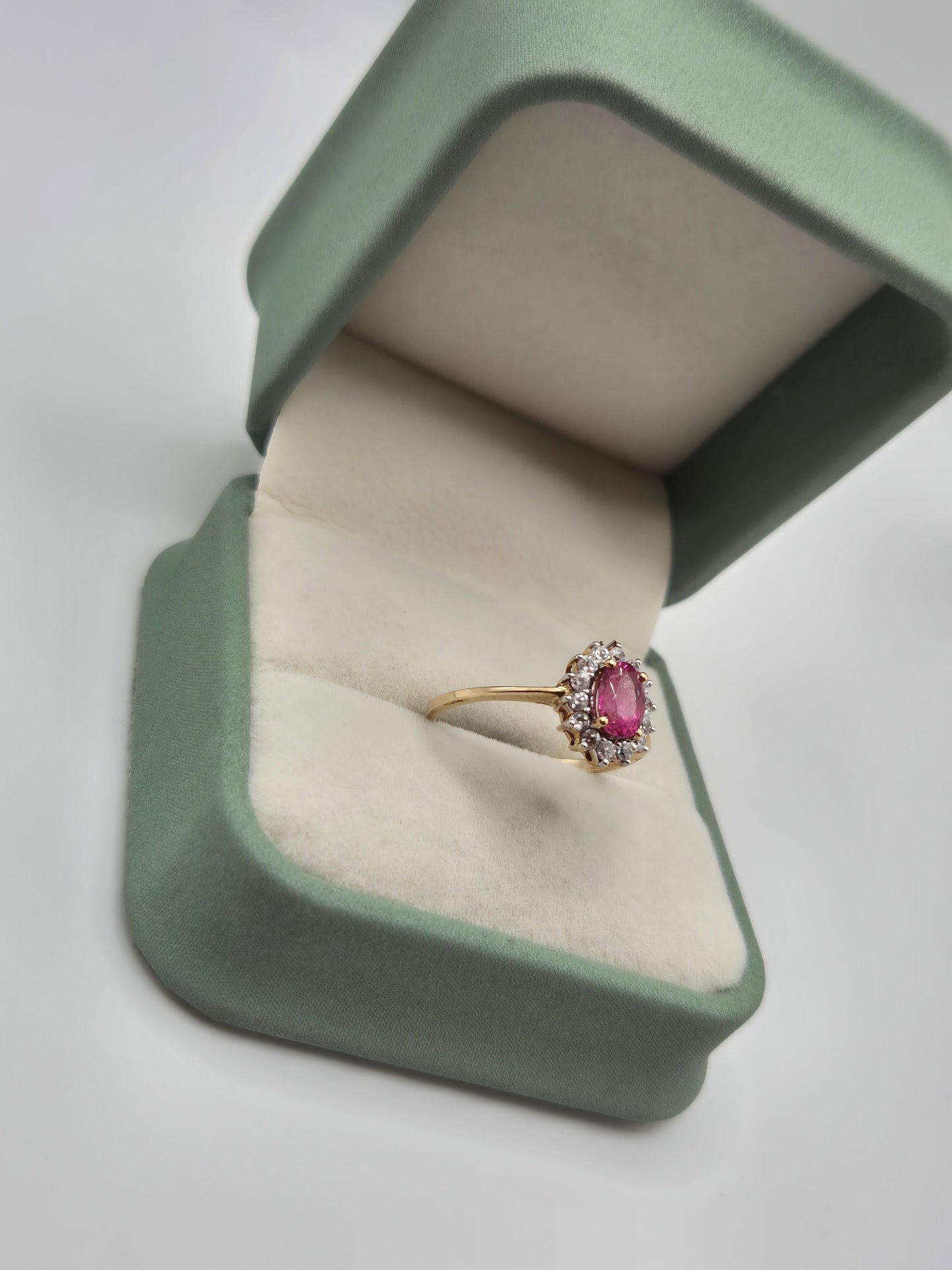 9ct gold rubellite and white zircon ring