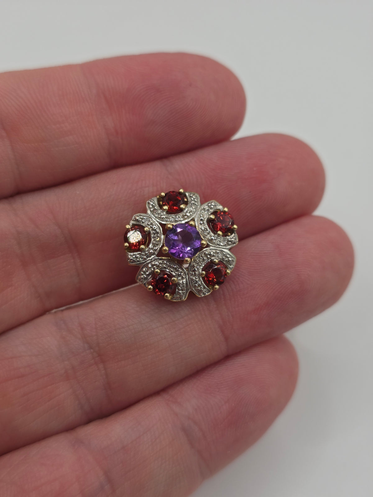 9ct gold amethyst, garnet and diamond pendant