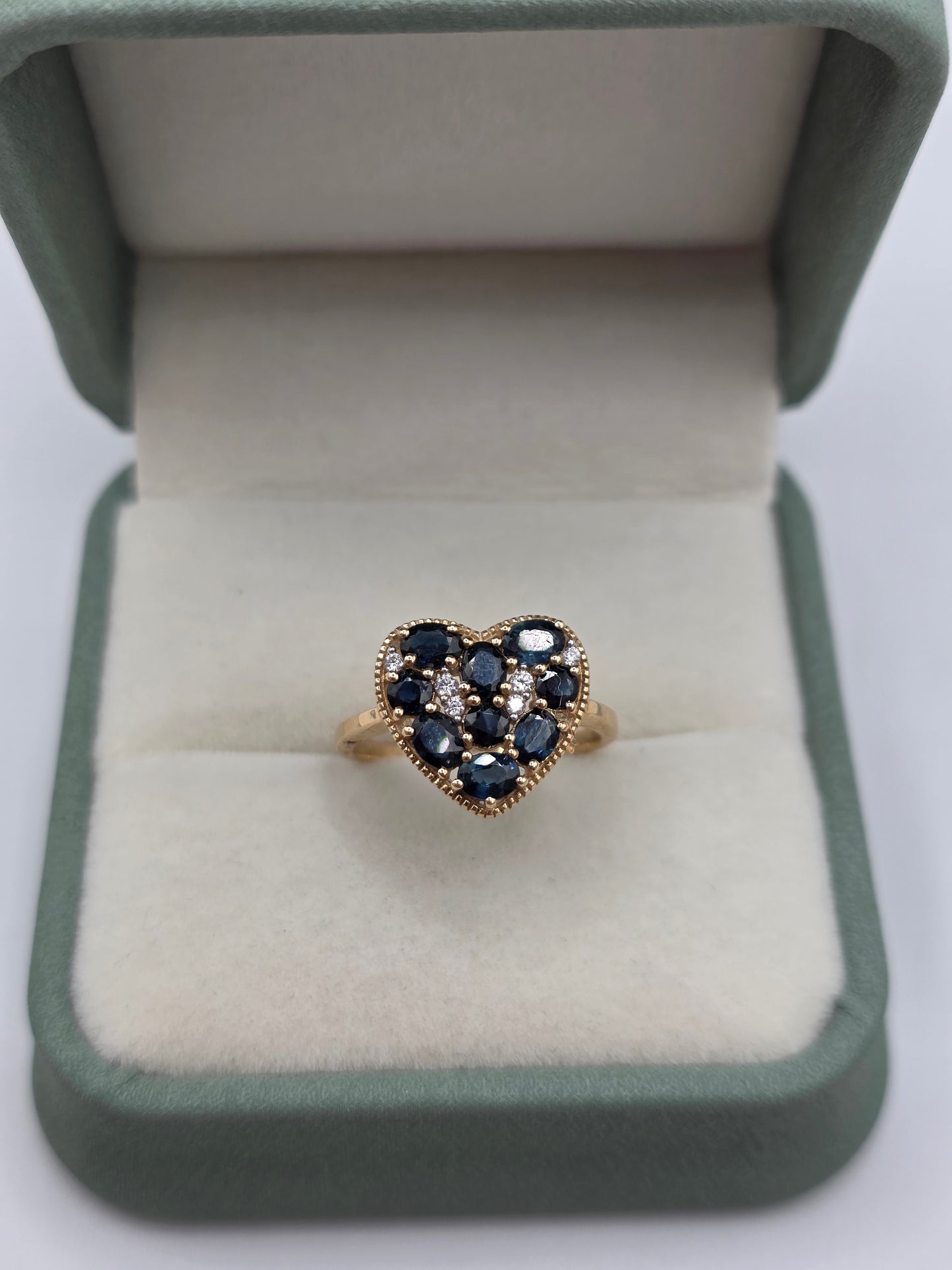 9ct gold sapphire and zircon heart ring