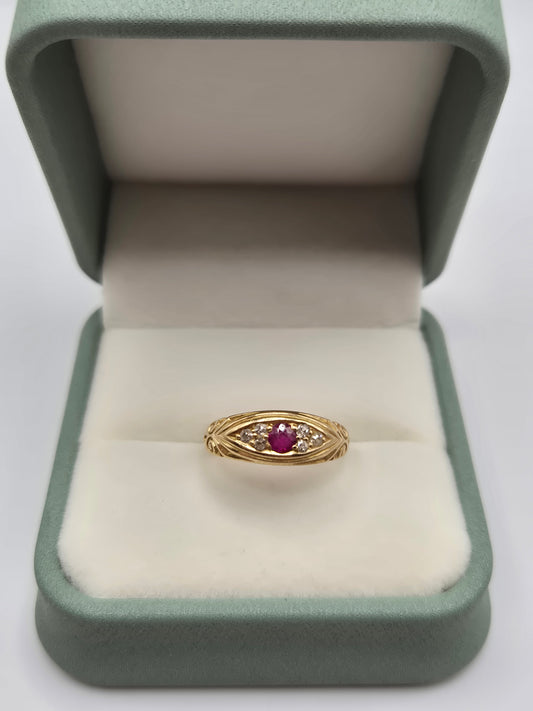 Heavy 18ct gold ruby and diamond gypsy ring