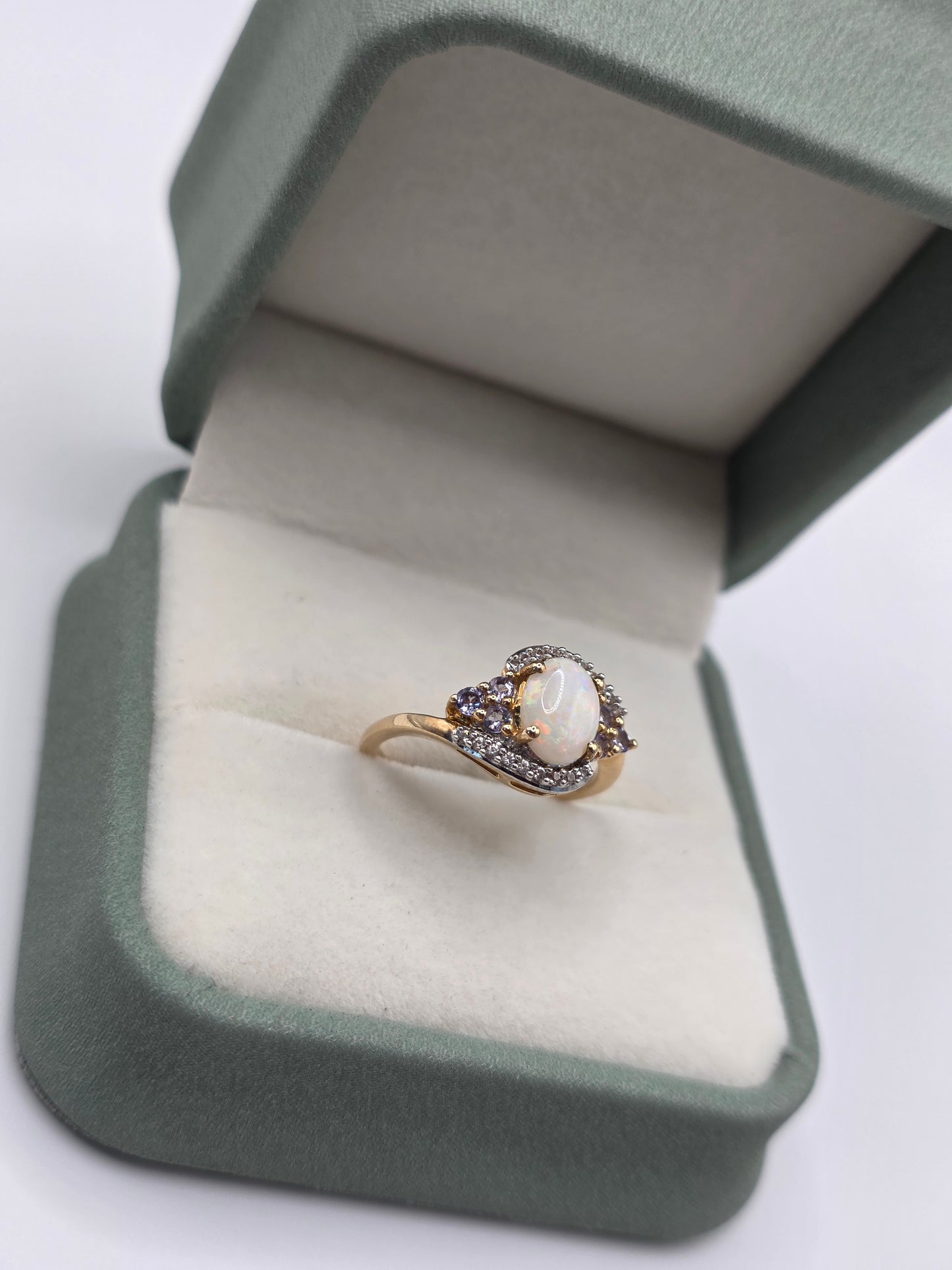 9ct gold opal, iolite and white zircon ring