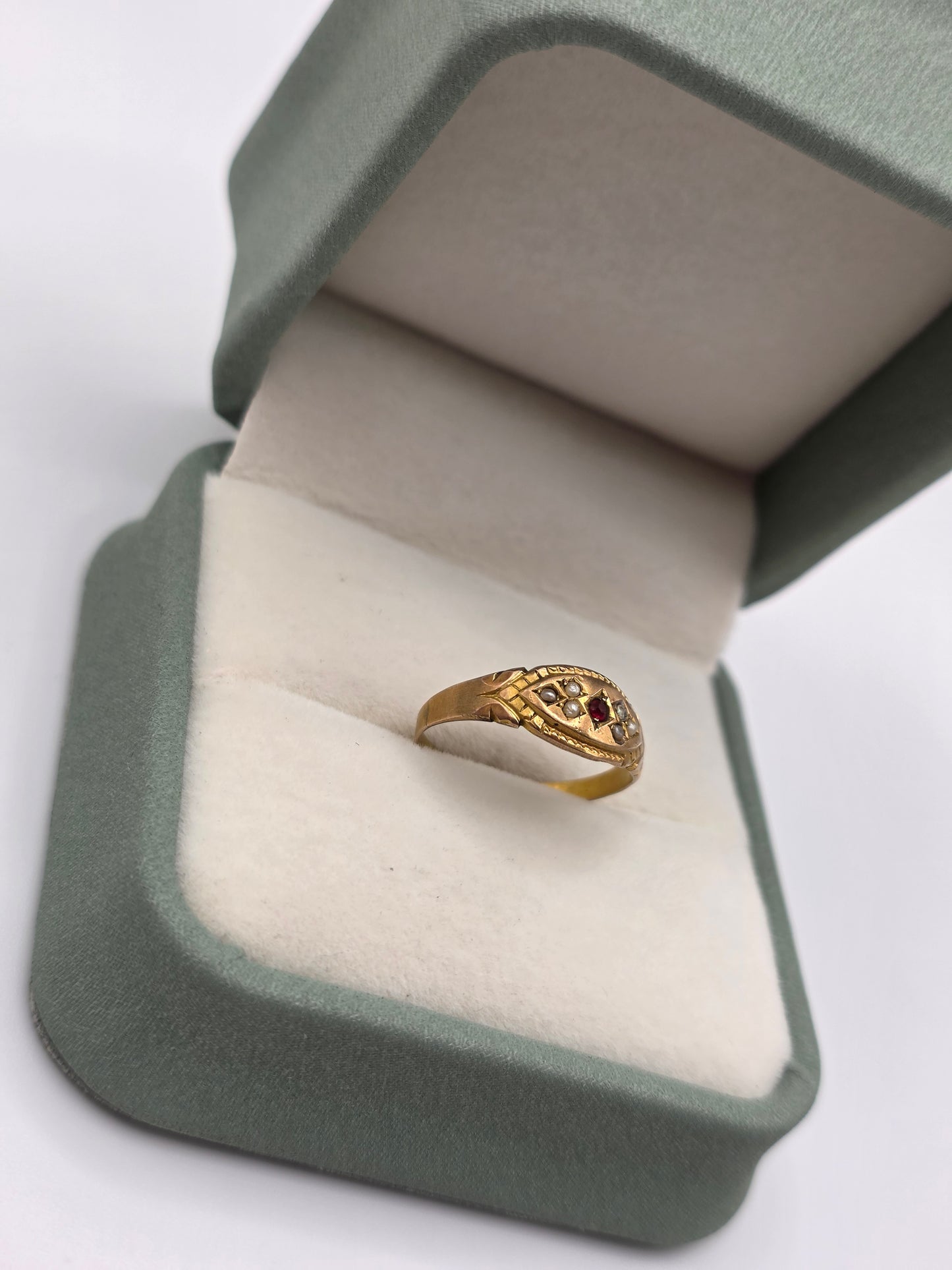 Antique 9ct gold garnet and seed pearl gypsy ring