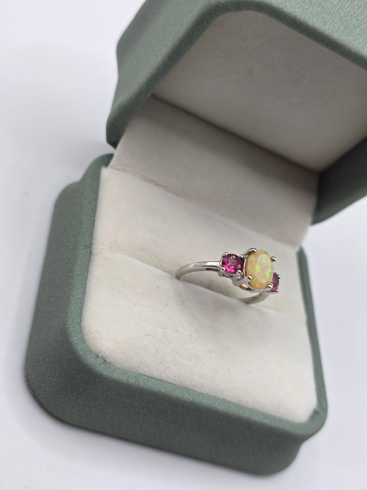 9ct white gold opal and pink topaz ring