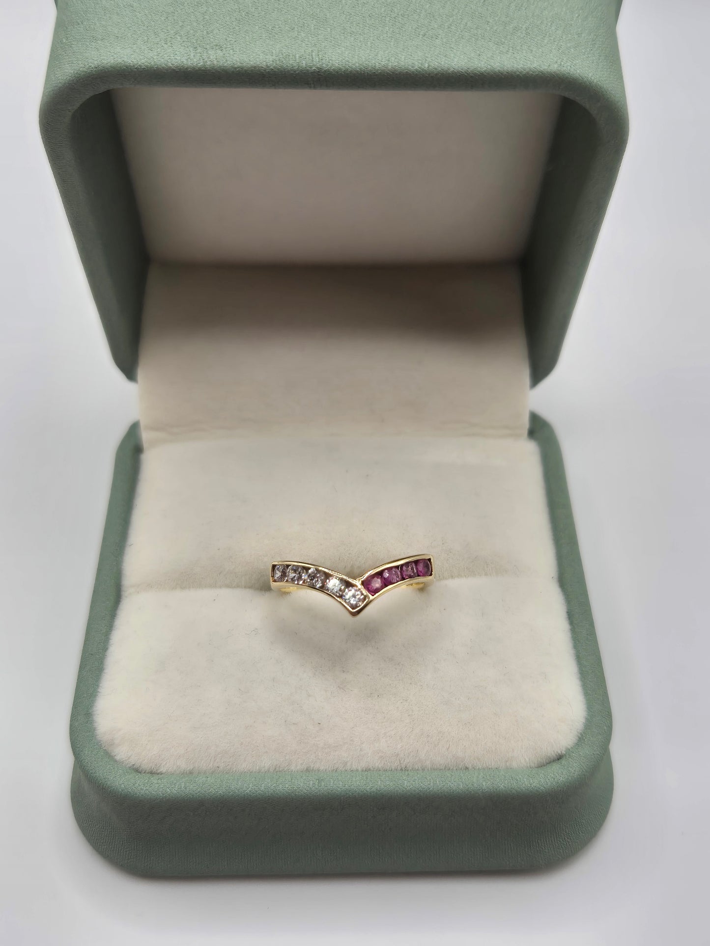 9ct gold ruby and cz wishbone ring