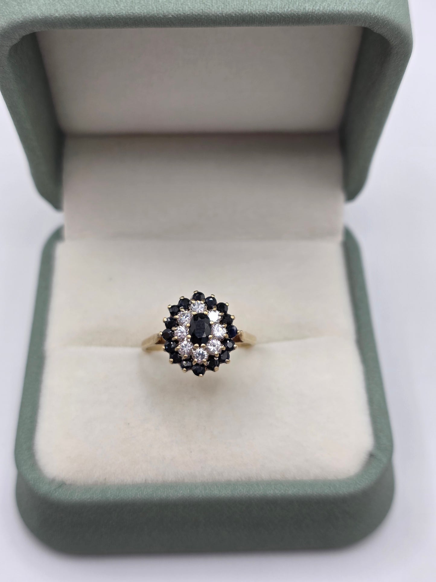 9ct gold sapphire and cz cluster ring