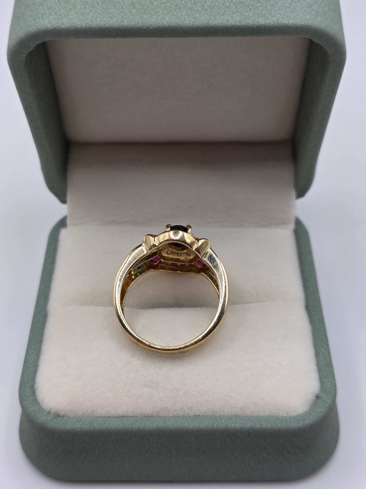 9ct gold sapphire, emerald, ruby and diamond ring