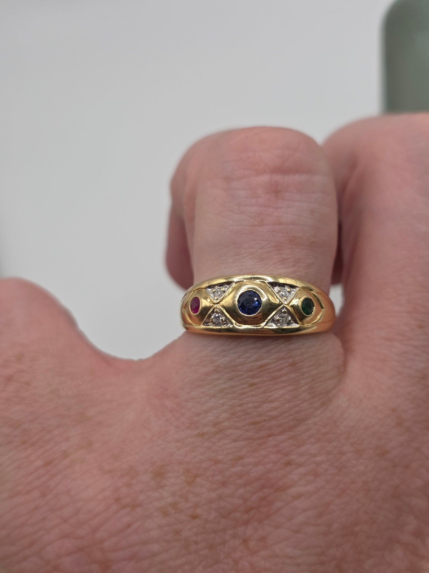 18ct gold sapphire, ruby, emerald and diamond ring