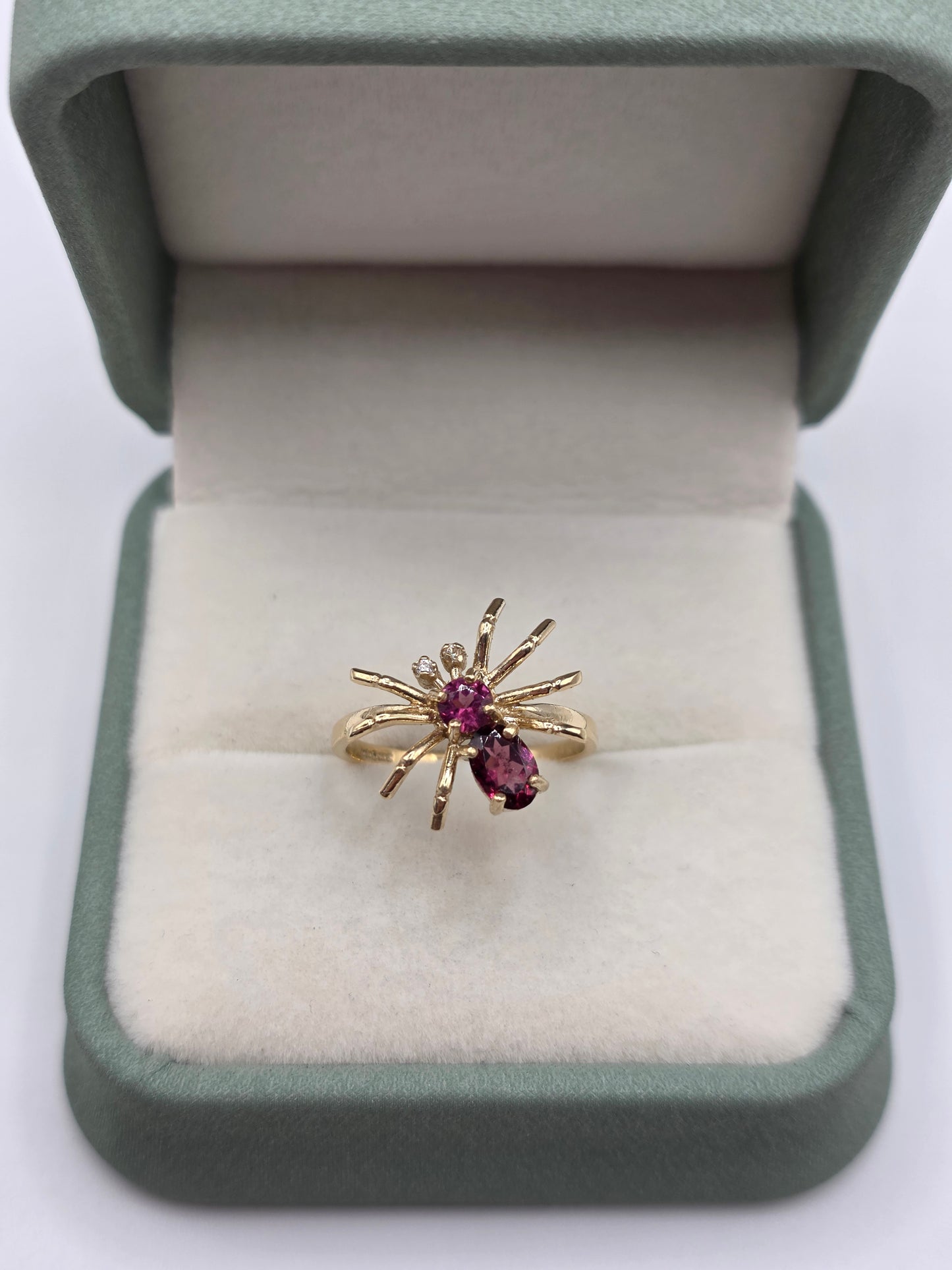9ct gold tourmaline, pink topaz and diamond spider ring